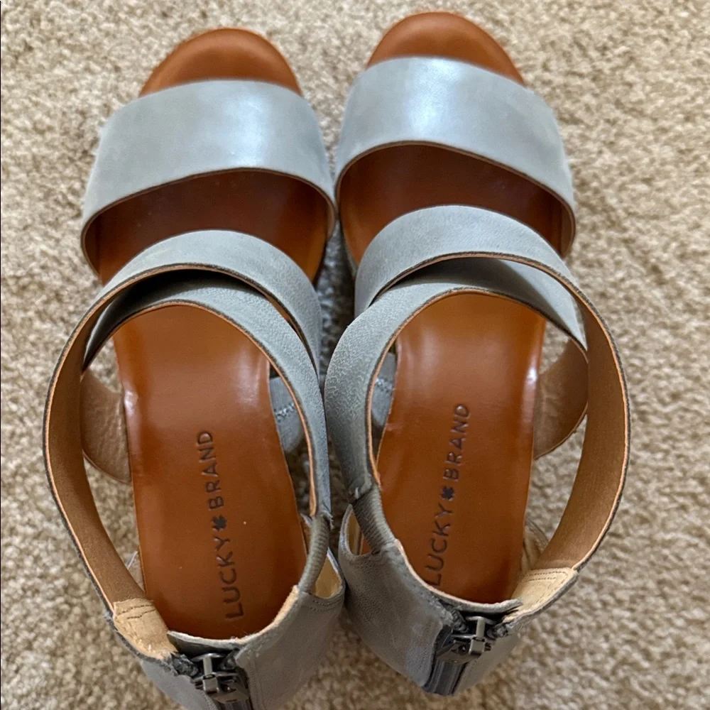 Lucky Brand Gray Strappy Platform Sandals with Multicolor Striped Wedge